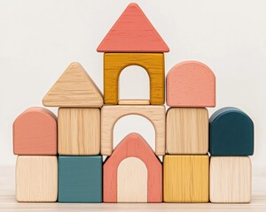 Modular wooden construction puzzle with interlocking building blocks for customizable creations