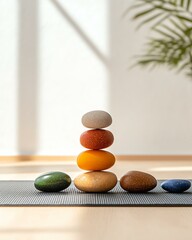 A collection of variously colored stones A harmonious arrangement of colorful stones, symbolizing balance and tranquility in a serene indoor setting.