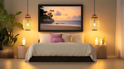 Modern Bedroom Interior with Beach Landscape Art and Soft Ambient Lighting for Relaxation