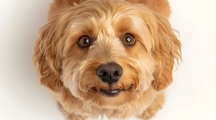 Close Up Portrait of a Happy Dog with Brown Fur and Expressive Face Against a Light Background