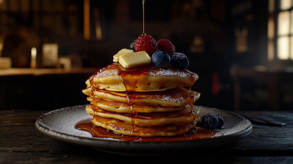 Stack of pancakes topped with fresh berries and syrup, perfect for food promotion