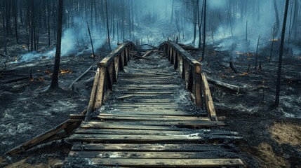 Obraz premium Devastated aftermath scene of a destroyed village due to wild fire.