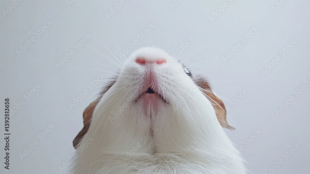 Poster cute guinea pig looks up with fluffy fur and prominent whiskers against a minimal white background, 