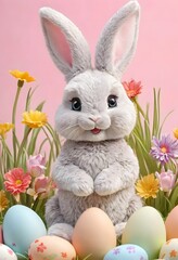 Obraz premium Easter bunny colorful tulips and pastel eggs on abstract background spring holiday greeting scene