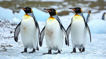 Fototapeta premium Three Majestic King Penguins Walking on Antarctic Ice