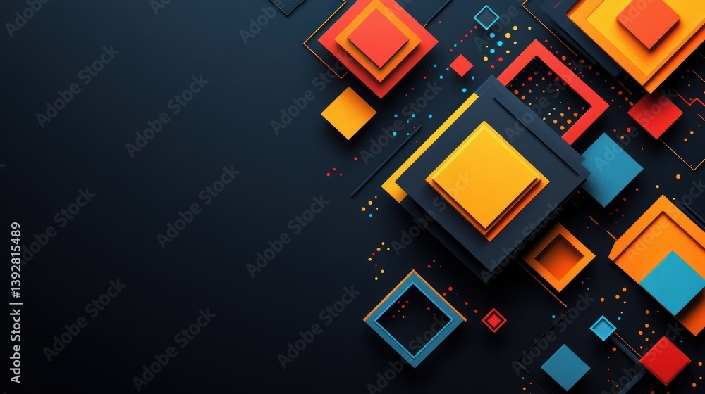 Poster abstract geometric design with colorful squares and rectangles on dark background.