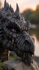 Realistic portrayal of a mythological Hindu creature, showcasing intricate details and unique textures of a dragon-like design in natural setting