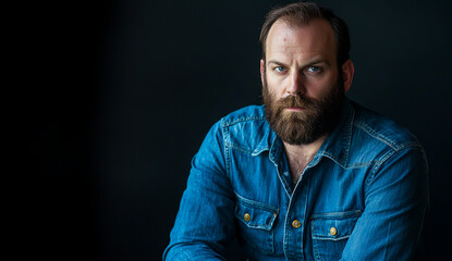 Fototapeta premium Portrait of a bearded man in a denim shirt, sitting and looking at the camera, against a dark background.