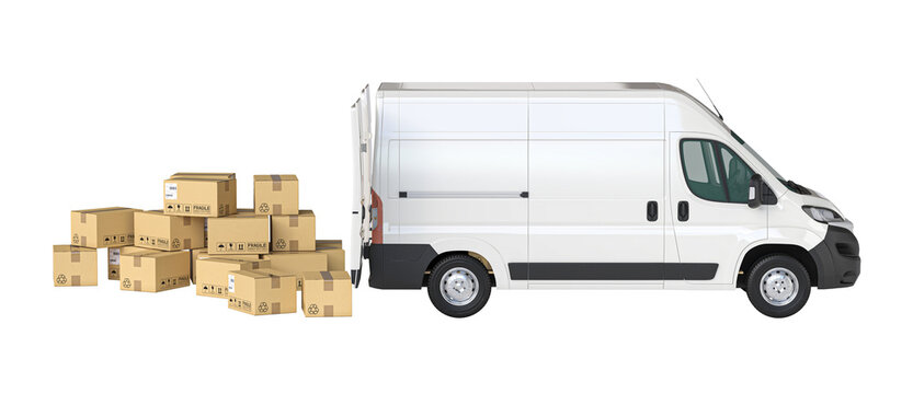 Delivery van and cardboard boxes representing shipping and logistics