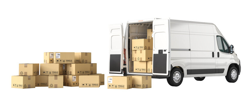 Delivery van full of cardboard boxes with some outside