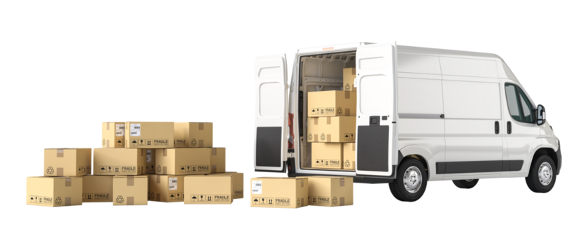 Delivery van full of cardboard boxes with some outside