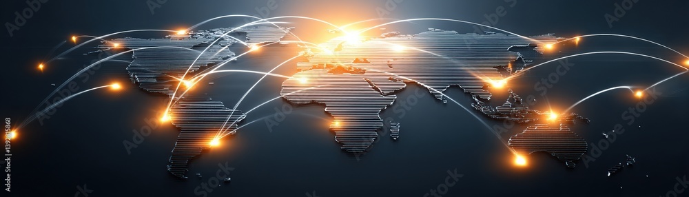 Poster a stylized world map with glowing connections, symbolizing global communication and interconnected n
