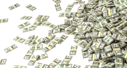 Bundles of one hundred dollar bills falling on transparent background