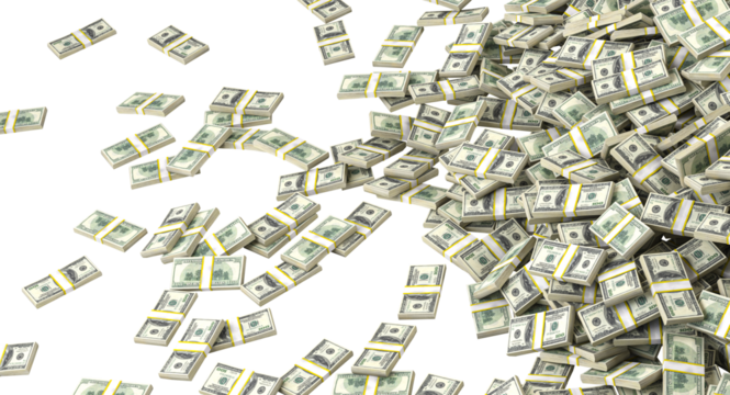 Bundles of one hundred dollar bills falling on transparent background