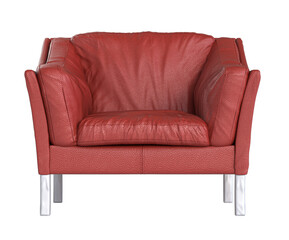 Red leather armchair with metal legs on transparent background
