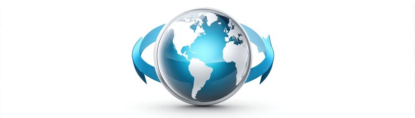 Fototapeta premium A stylized globe surrounded by blue arrows, symbolizing global connectivity and movement.