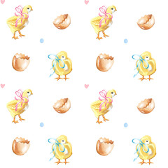 Chicks and eggshells. Watercolor Seamless pattern