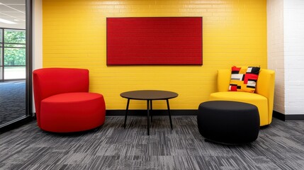 Modern Office Waiting Area with Red and Yellow Armchairs and Geometric Wall Art