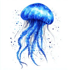 Vibrant blue jellyfish gracefully floating in the ocean depths, showcasing delicate tentacles and glistening textures