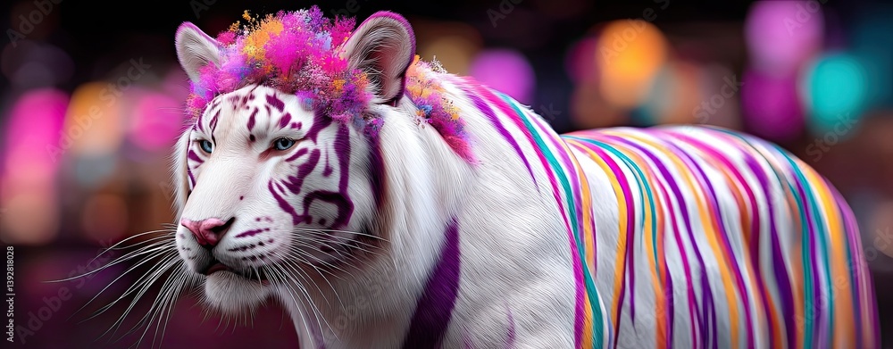 Poster realistic depiction of a mythological hindu creature with colorful stripes and unusual features set 