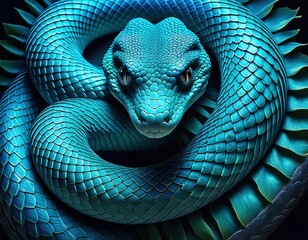 Fototapeta premium Highly detailed blue serpent with vivid scales and leaf-like spines, coiled in a striking fantasy design with intense focus.