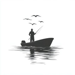 Fisherman casting net in calm waters under bird-filled sky at dawn