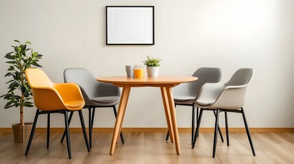 Modern Minimalist Workspace with Wooden Table and Colorful Chairs in Contemporary Interior Setting