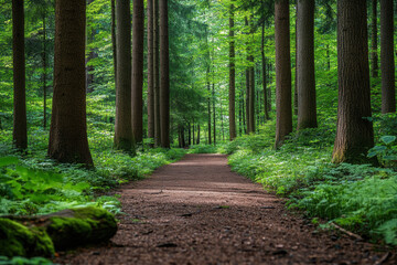 Fototapeta premium A winding forest path, enveloped by tall trees, leads into nature's embrace.
