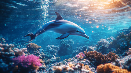 The playful underwater dolphin glided effortlessly through the crystal-clear ocean, its sleek body cutting through the water like a blade.