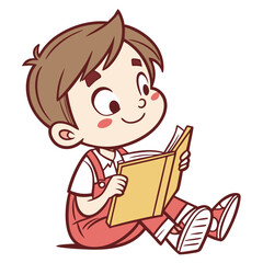 A cute boy with brown hair sits on the floor, reading a book with a joyful expression. He wears red overalls and seems deeply absorbed in the story, evoking a sense of imagination