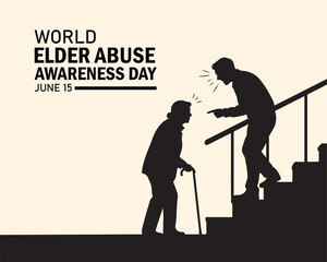Vector illustration, silhouette of a man cursing an elderly woman as he descends steps, as a banner or poster, World Elder Abuse Awareness Day.