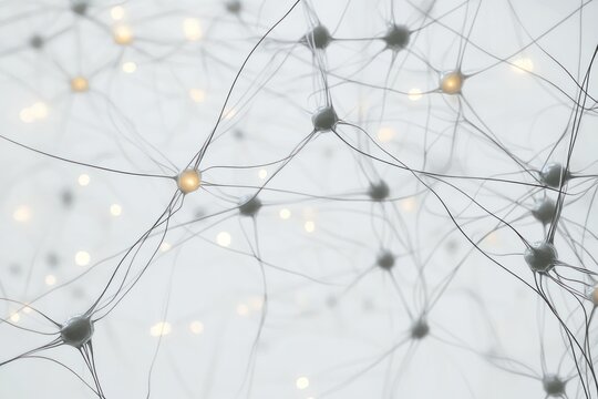 A close-up image of a network of interconnected neurons, with glowing synapses transmitting signals between them, against a white background