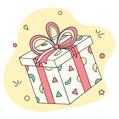 A charming gift box features a design of triangles and circles in various colors. It is tied with a pink ribbon, ideal for celebrations or surprise gifts. Perfect for birthdays or holidays