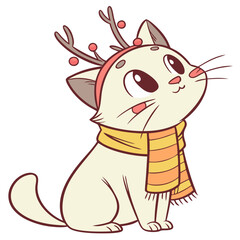 A charming cat shows a joyful demeanor, adorned with playful deer antlers and a colorful scarf. The winter ambiance enhances the cuteness of this delightful feline