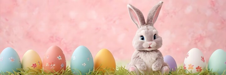 Obraz premium Easter bunny colorful tulips and pastel eggs on abstract background spring holiday greeting scene