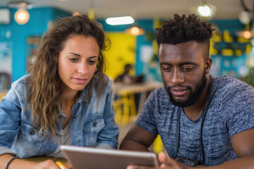 A young mixed-race couple, a woman with long wavy hair and a black man with a beard, are focused on a tablet together in a vibrant café setting