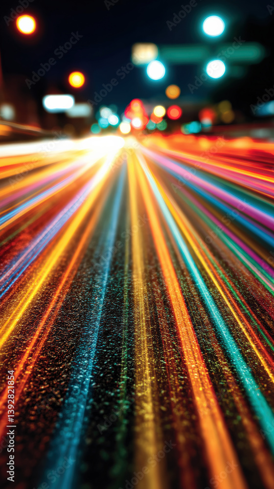 Poster vibrant light trails streak across a dark urban street, creating a mesmerizing display of color and 