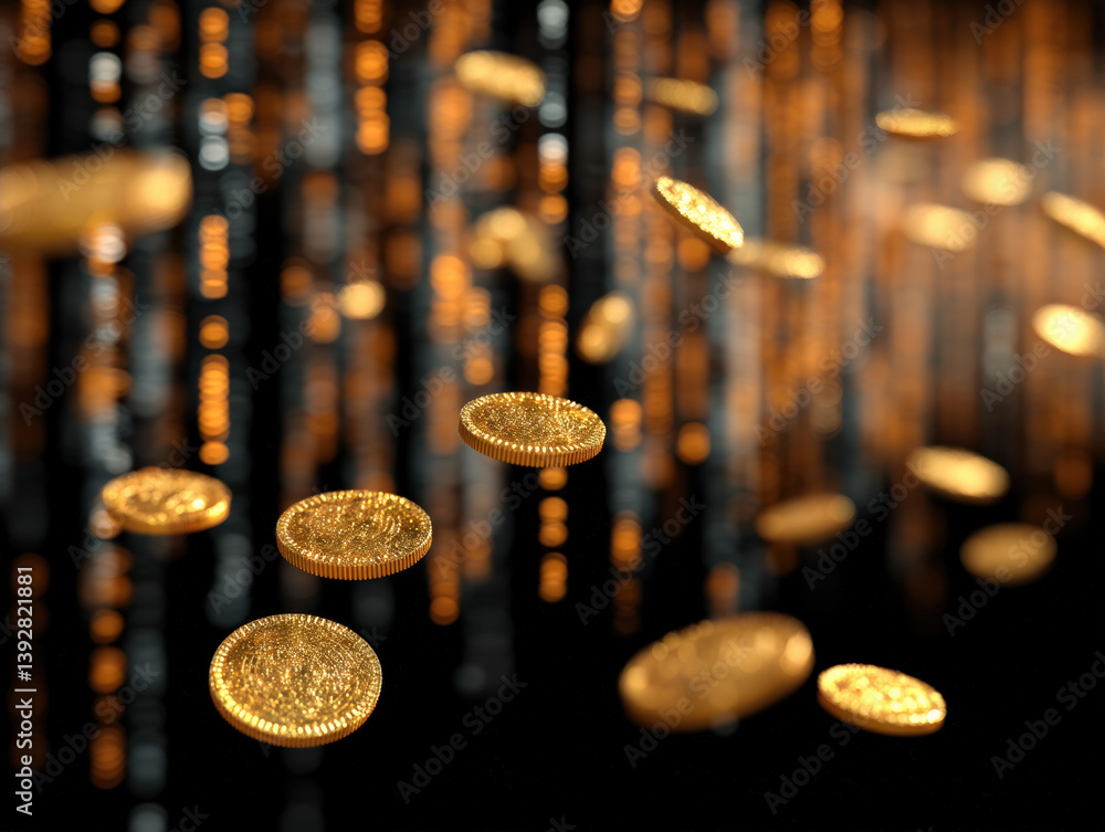 Poster falling golden coins create a dynamic scene against a backdrop of shimmering light, evoking wealth, 