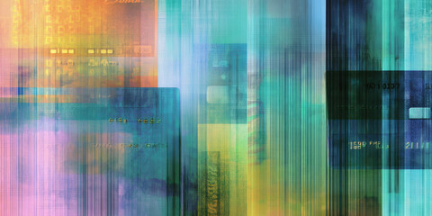 Colorful abstract composition featuring blurred and distorted credit cards in vibrant hues, conveying a sense of digital financial transactions and modern technology