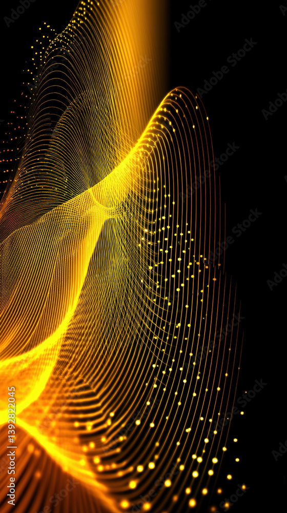 Poster a dynamic abstract wave with glowing golden lines and dots against a dark background, creating a sen