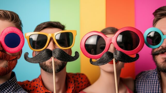 Photo Booth Memory Concept, Group of Friends Having Fun with Quirky Props Against a Colorful Backdrop