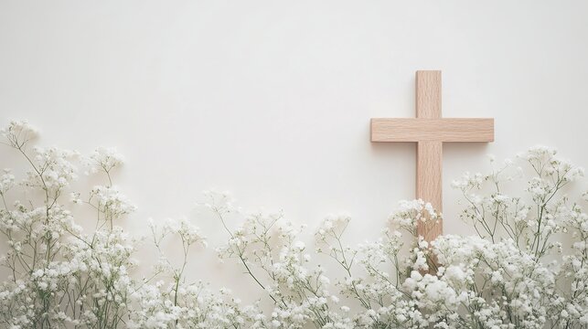 Wooden cross with baby's breath flowers on white background easter religious christianity faith hope love light