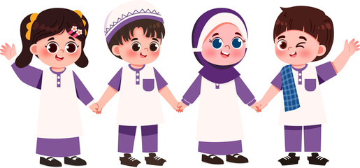 Joyful Children in Purple Uniforms Holding Hands