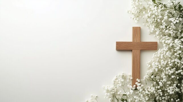 Beautiful easter background with wooden cross and white gypsophila flowers for easter celebration