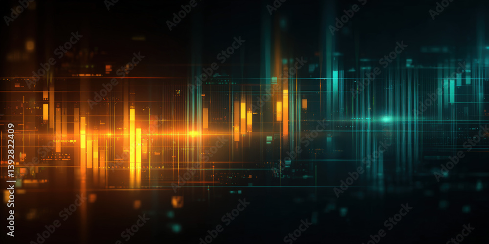 Poster a vibrant abstract design featuring colorful light bars and horizontal lines, representing data visu