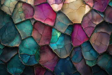 Abstract mosaic of jewel-toned tessellated polygons with a textured, organic feel and a network of fine, interconnecting lines.