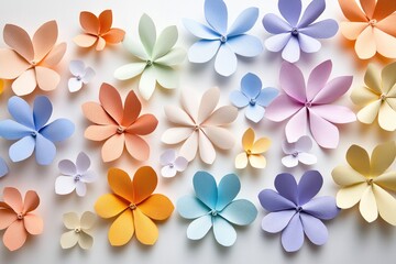 Fototapeta premium A flat lay image of multicolored paper flowers, hand-formed in shades of soft pastel and bold hues, displayed neatly on a white background