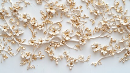 Delicate white and gold floral embroidery spreads across a textured, light background, creating a refined, organic pattern