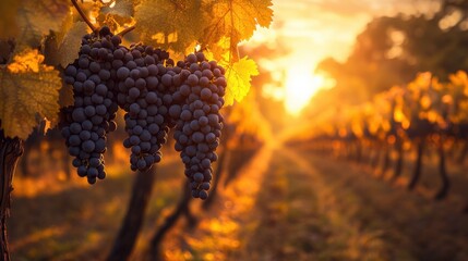 Lush vineyard at sunset with ripe grapes hanging, golden light illuminating rows