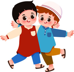 Joyful Cartoon Boys in Traditional Clothing, Embracing and Dancing